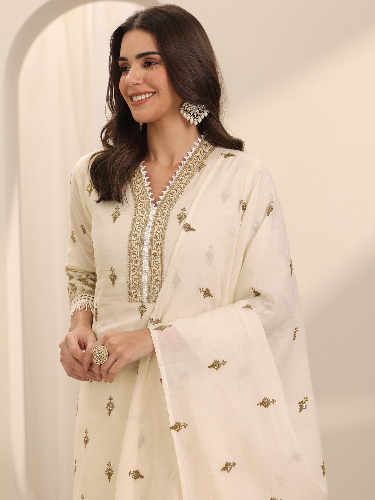 Libas Off White Embroidered Cotton Straight Suit Set With Dupatta