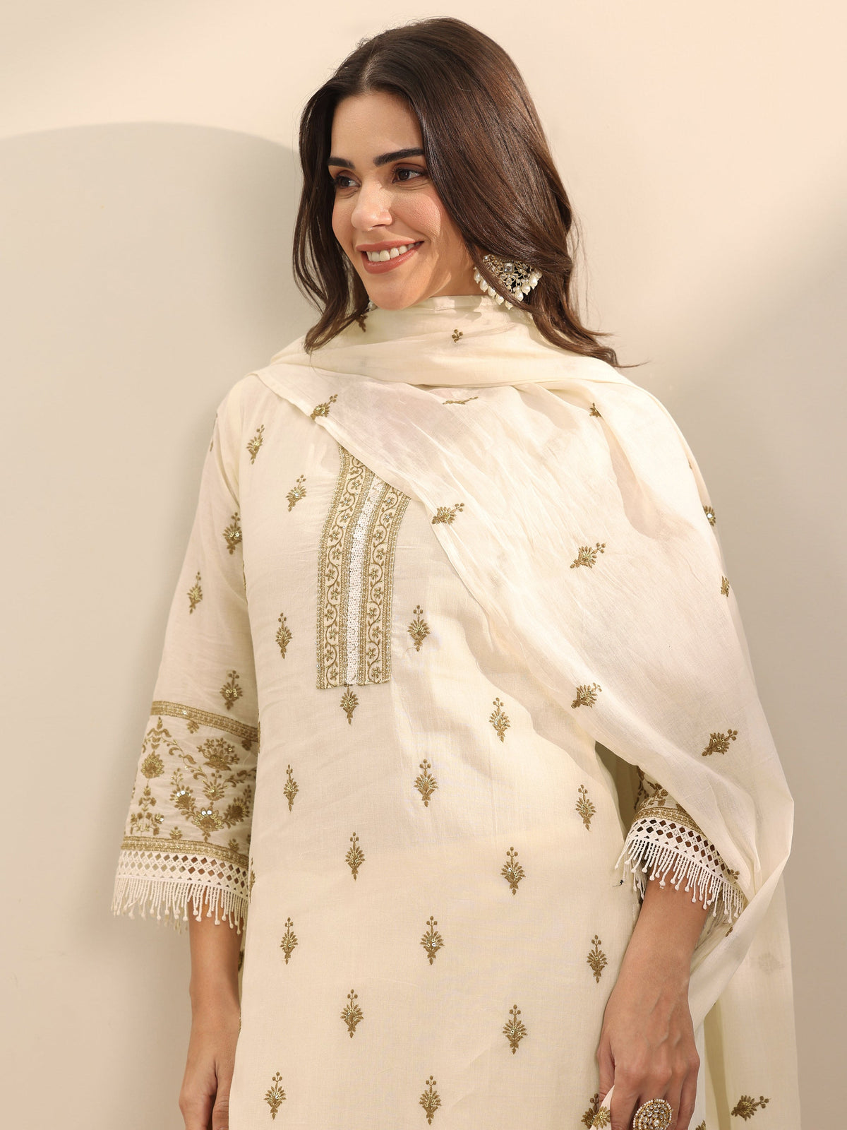 Libas Off White Embroidered Cotton Straight Suit Set With Dupatta