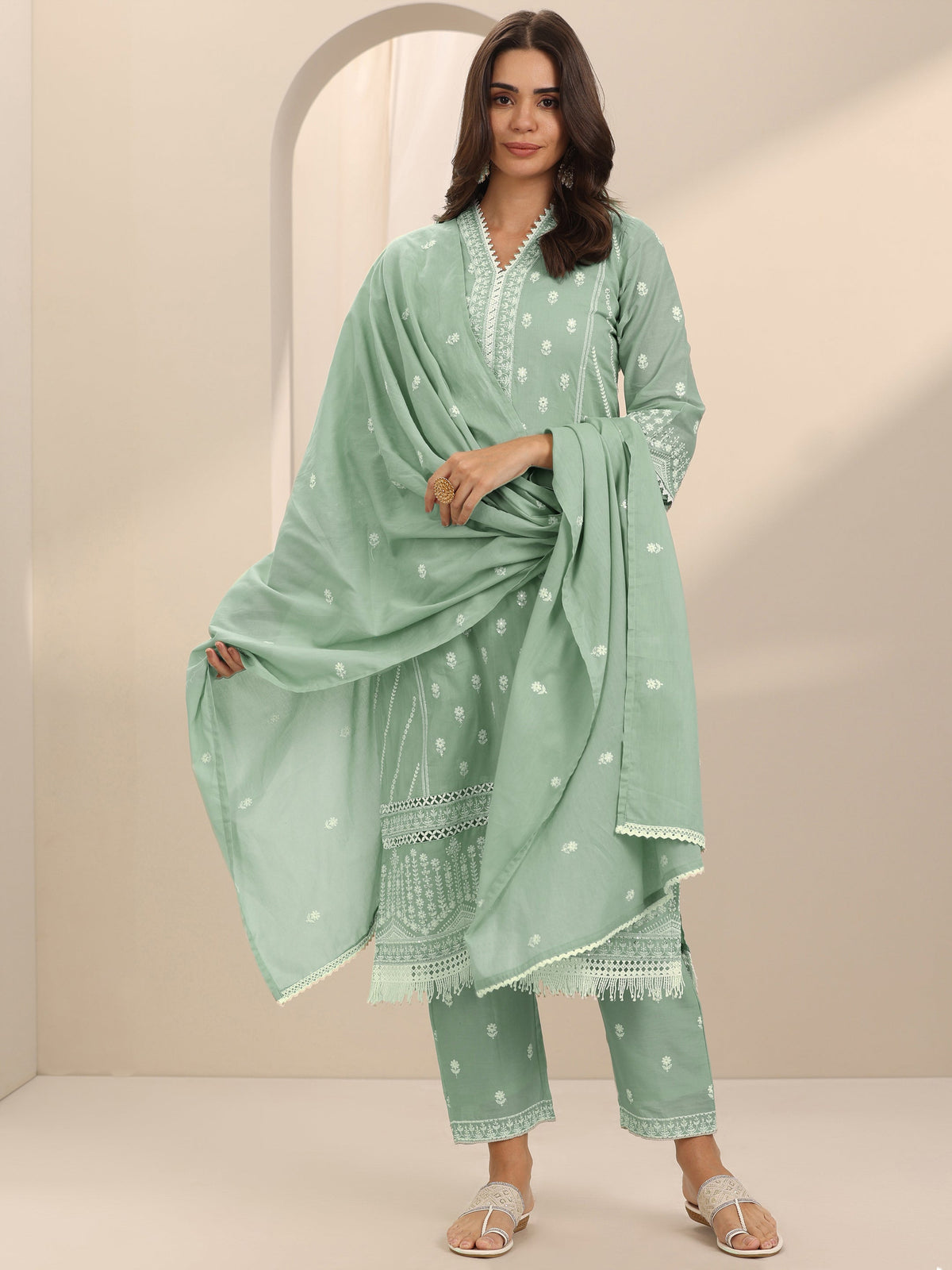 Libas Green Embroidered Cotton Straight Suit Set With Dupatta