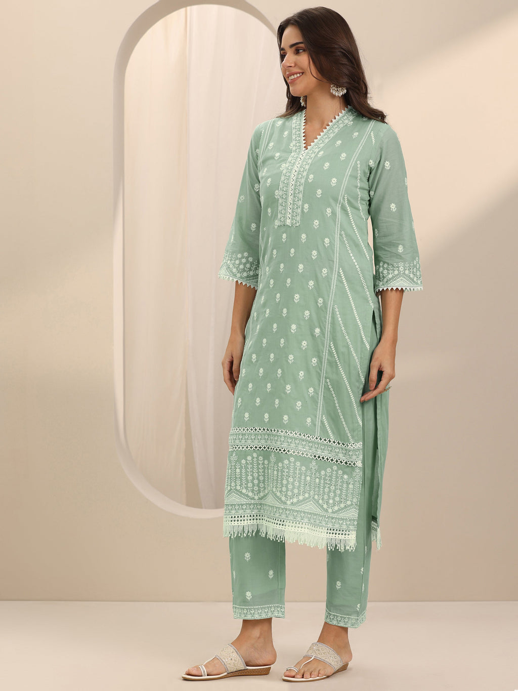 Libas Green Embroidered Cotton Straight Suit Set With Dupatta