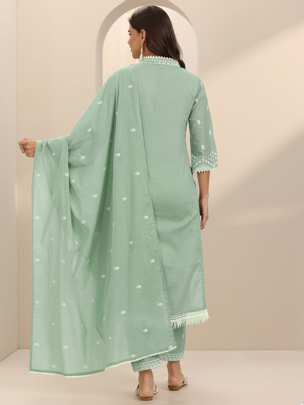 Libas Green Embroidered Cotton Straight Suit Set With Dupatta