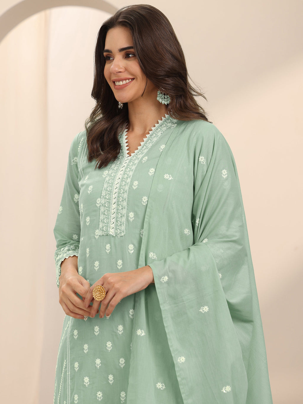 Libas Green Embroidered Cotton Straight Suit Set With Dupatta