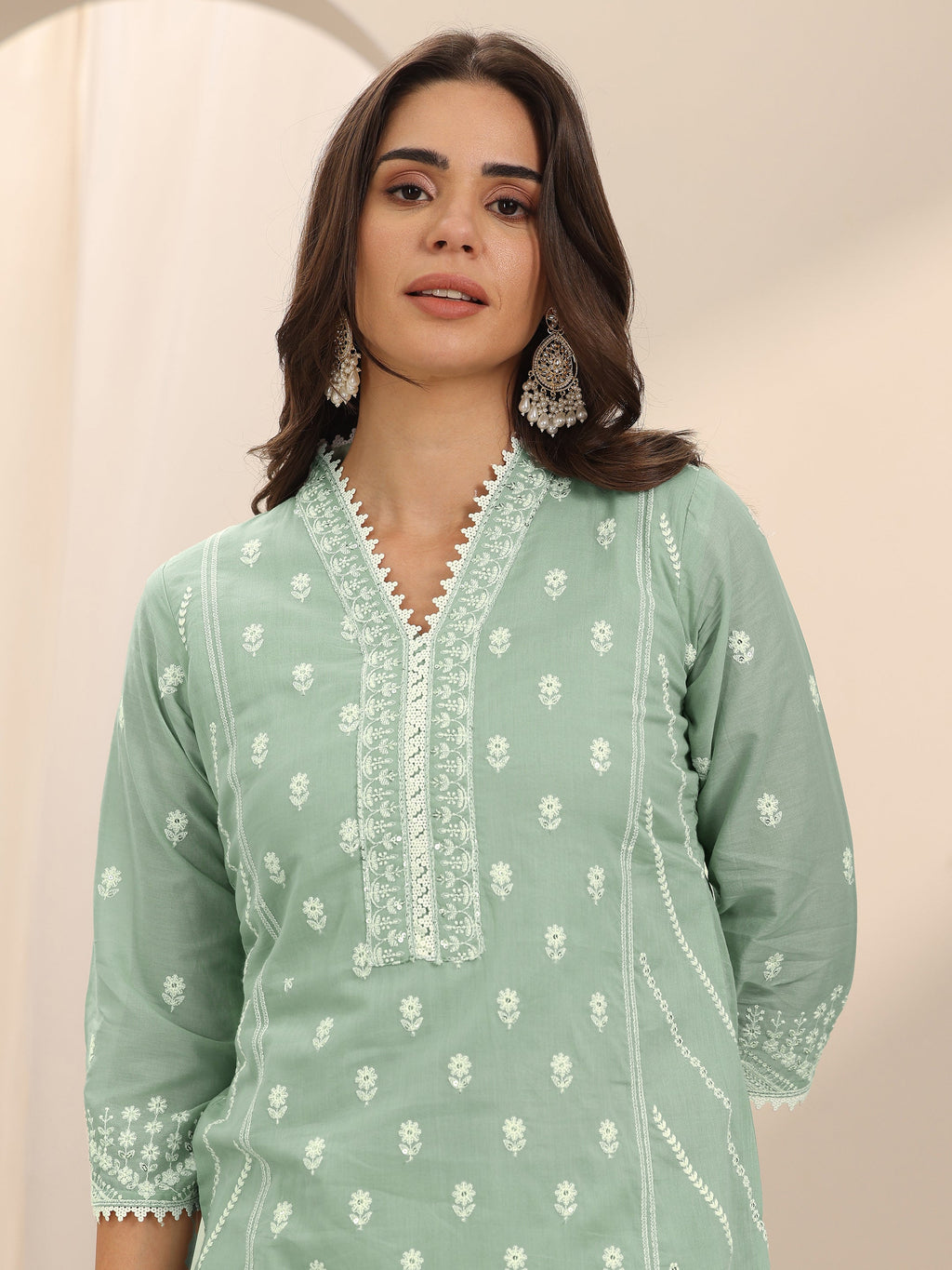 Libas Green Embroidered Cotton Straight Suit Set With Dupatta