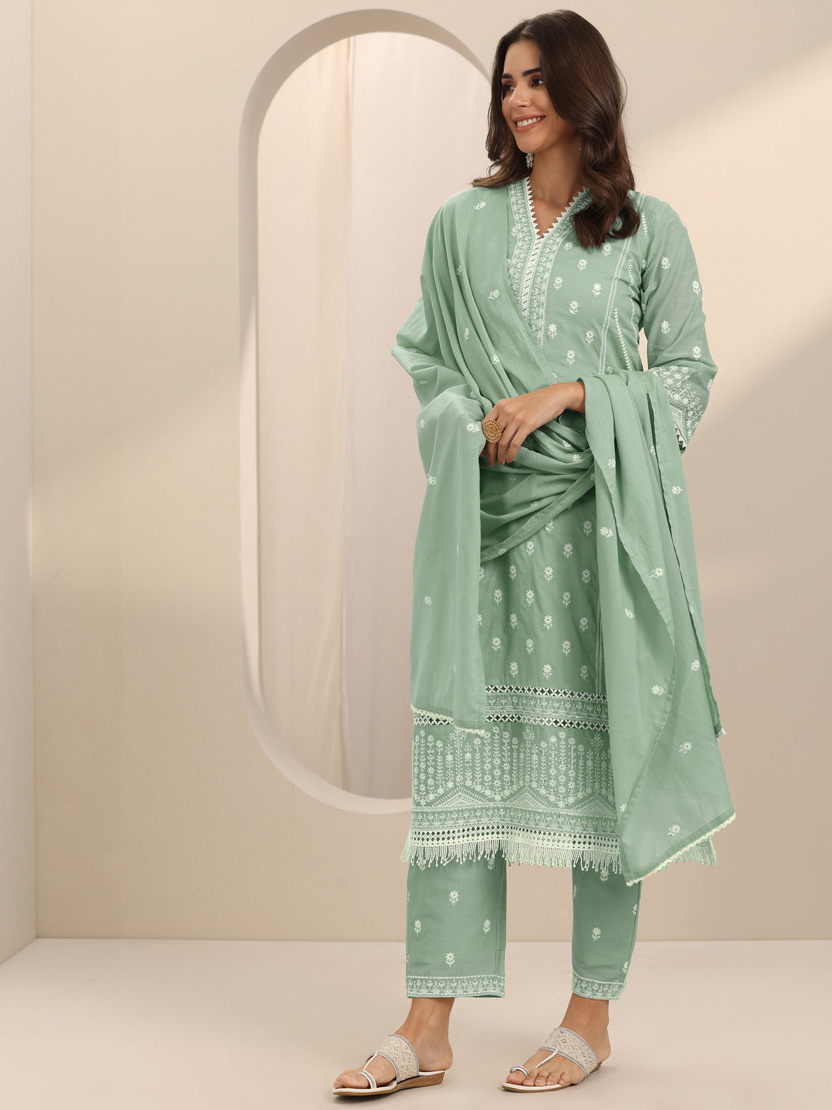Libas Green Embroidered Cotton Straight Suit Set With Dupatta