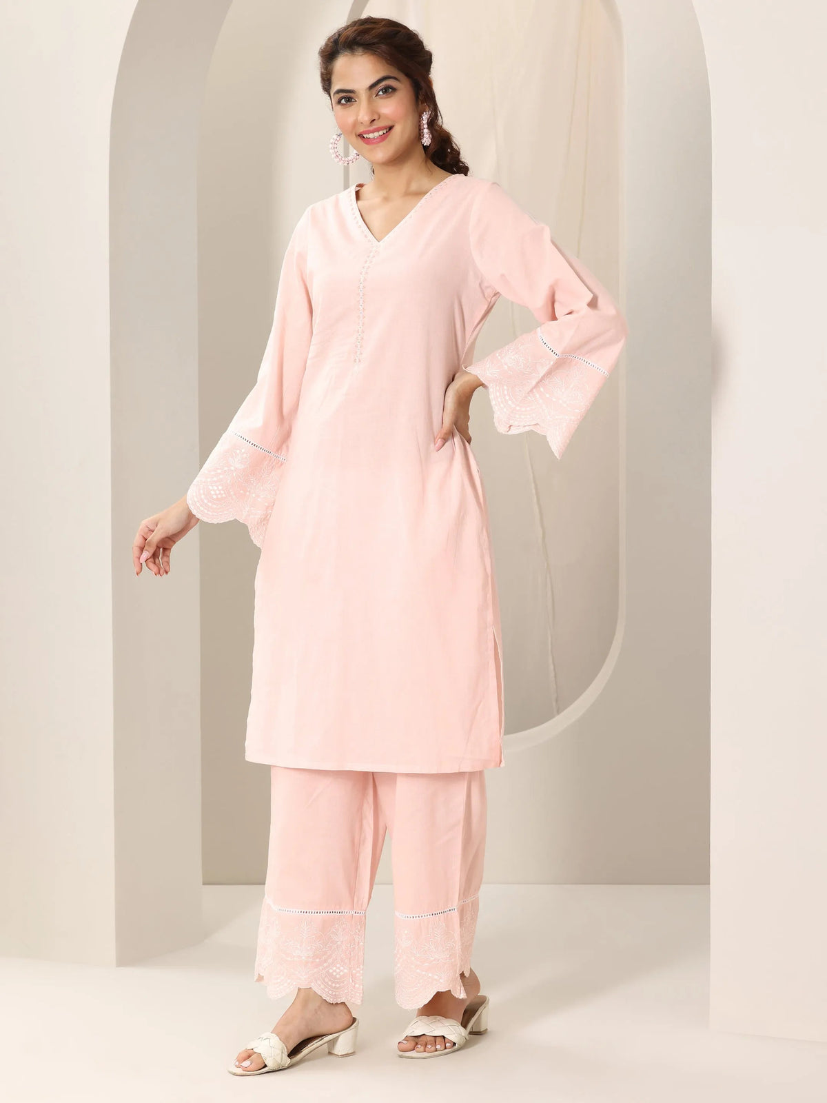 Libas Pink Solid Cotton Straight Suit Set With Dupatta