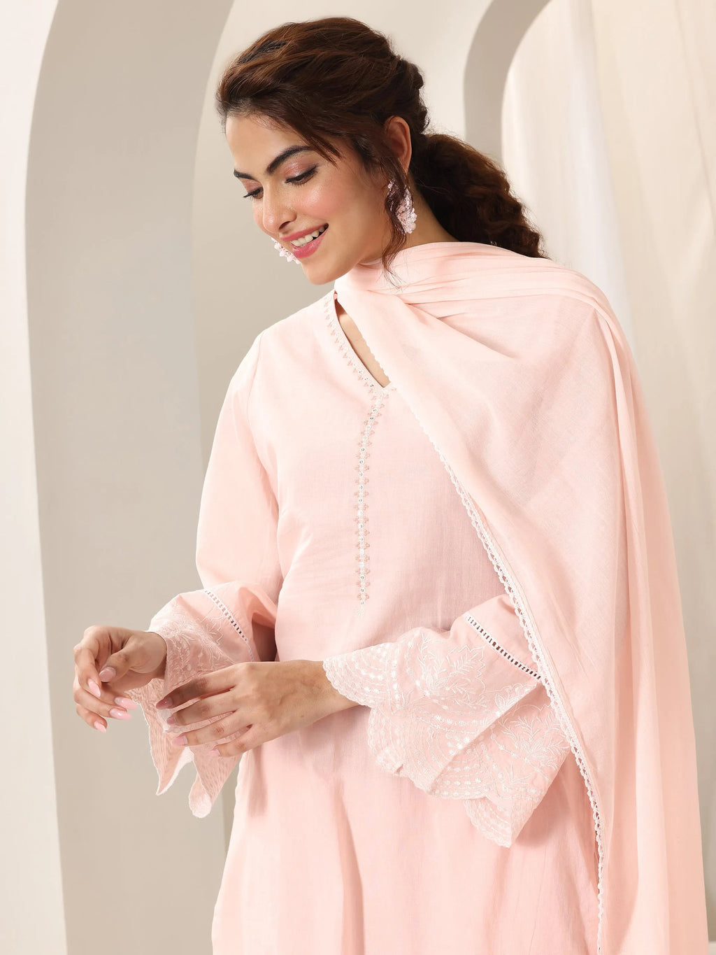 Libas Pink Solid Cotton Straight Suit Set With Dupatta
