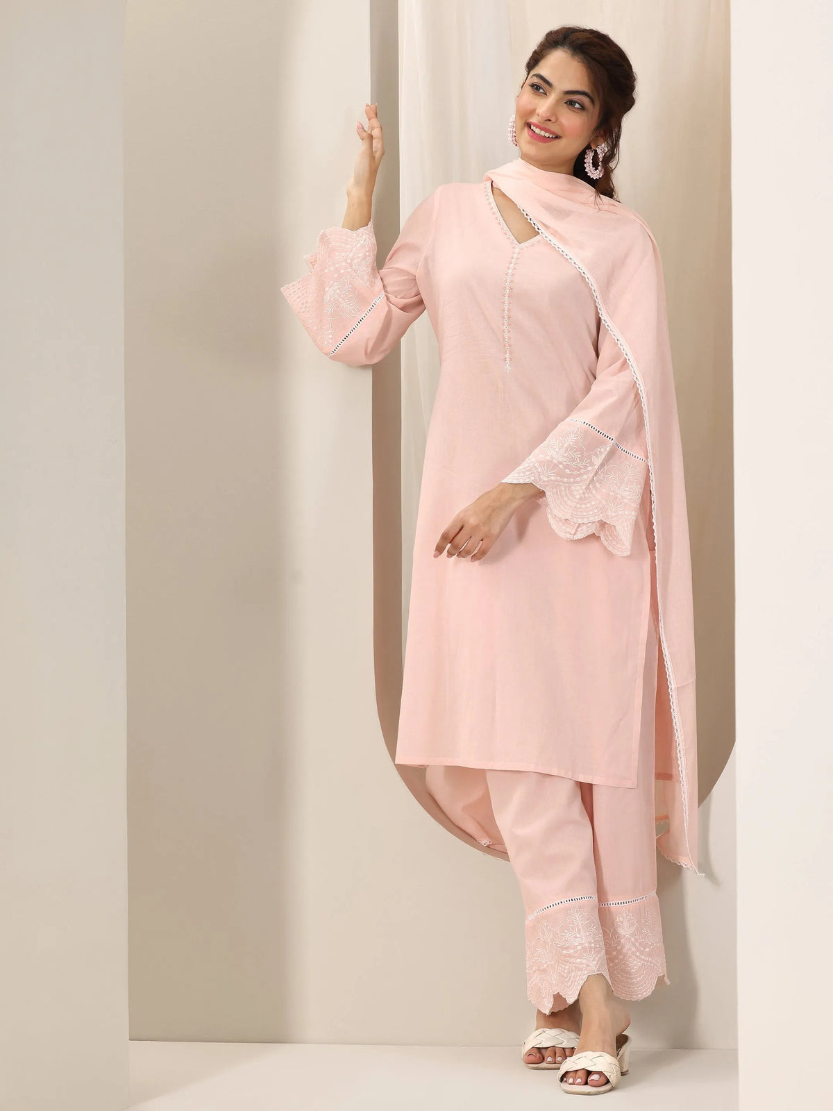 Libas Pink Solid Cotton Straight Suit Set With Dupatta