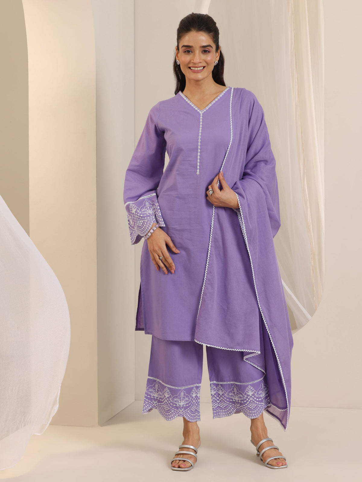 Libas Purple Solid Cotton Straight Suit Set With Dupatta