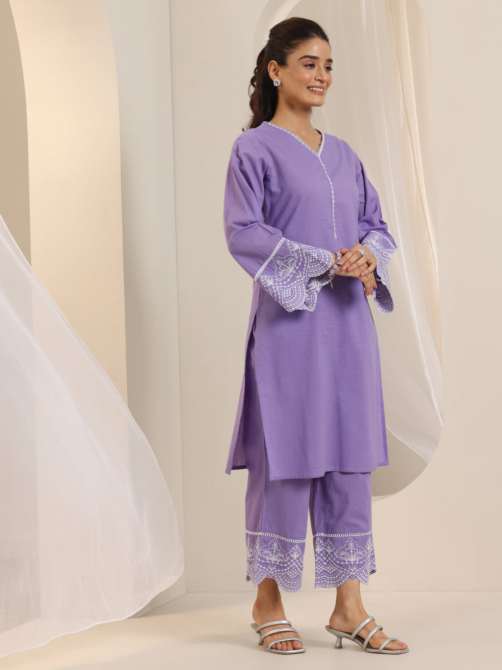 Libas Purple Solid Cotton Straight Suit Set With Dupatta