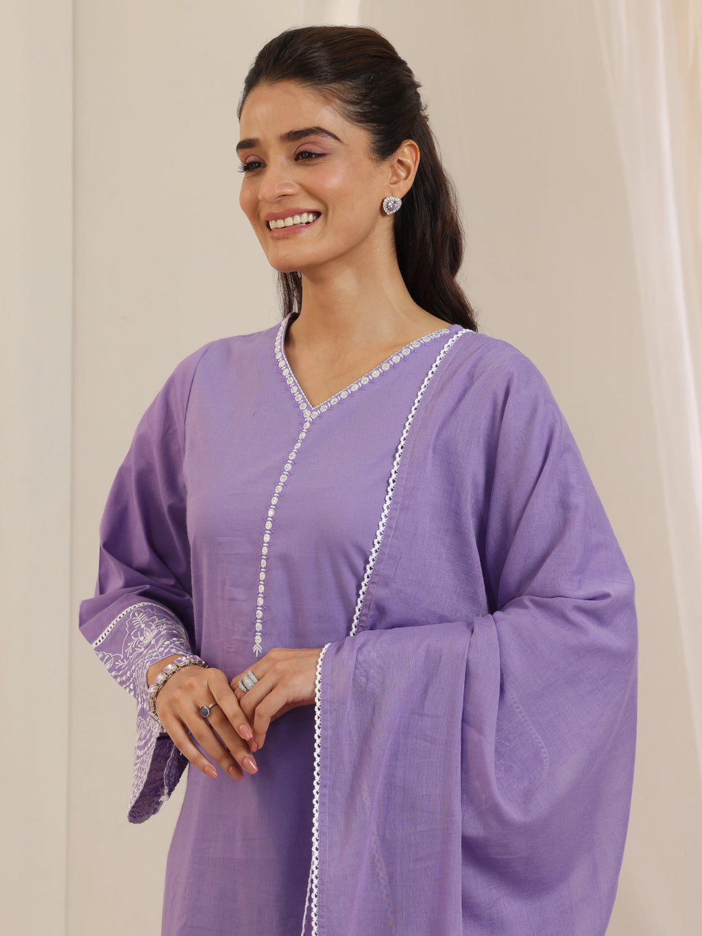 Libas Purple Solid Cotton Straight Suit Set With Dupatta