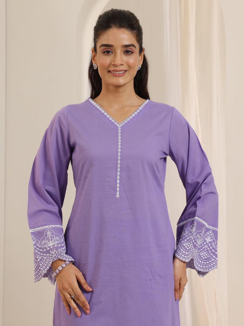 Libas Purple Solid Cotton Straight Suit Set With Dupatta