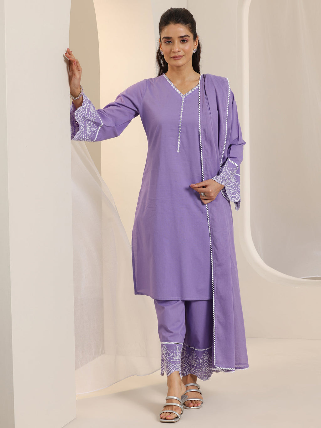 Libas Purple Solid Cotton Straight Suit Set With Dupatta