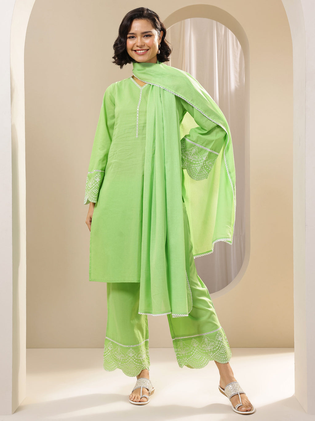 Libas Green Solid Cotton Straight Suit Sets With Dupatta