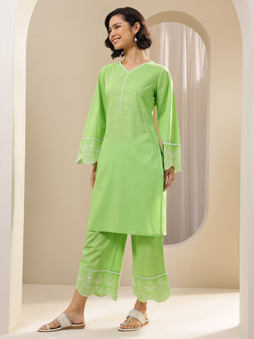 Libas Green Solid Cotton Straight Suit Sets With Dupatta