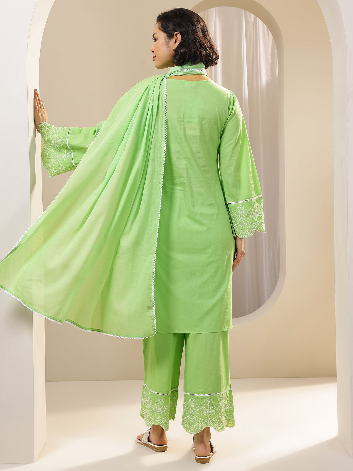 Libas Green Solid Cotton Straight Suit Sets With Dupatta