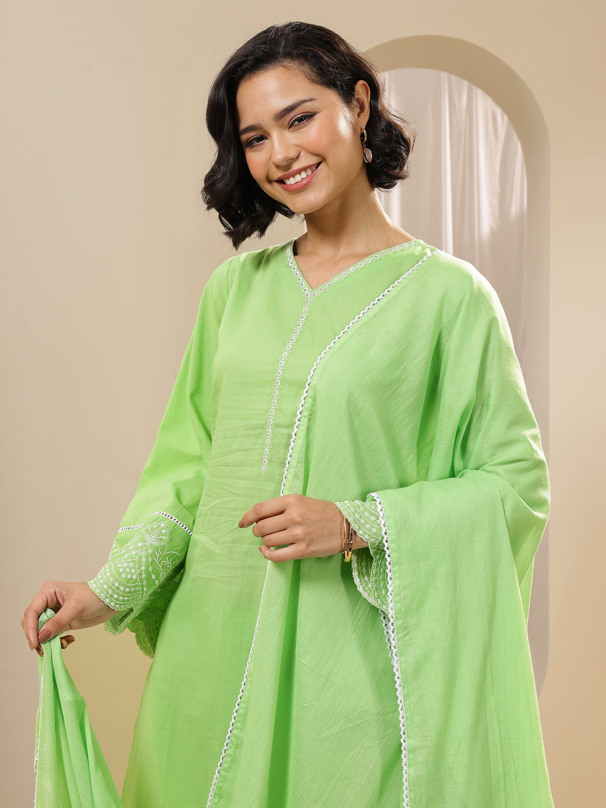 Libas Green Solid Cotton Straight Suit Sets With Dupatta