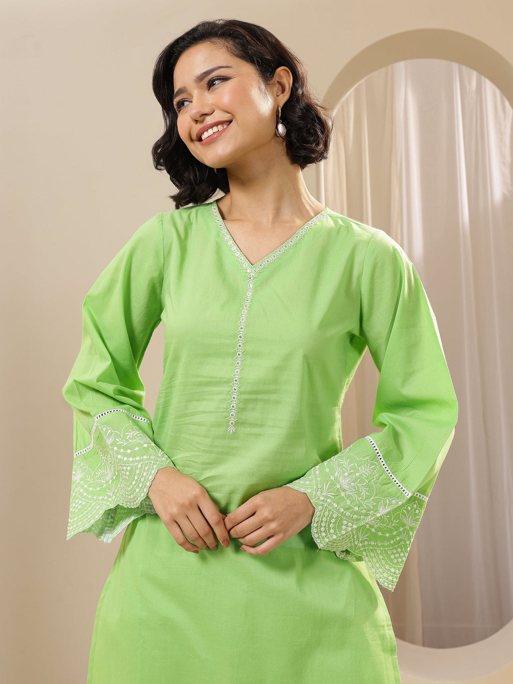 Libas Green Solid Cotton Straight Suit Sets With Dupatta