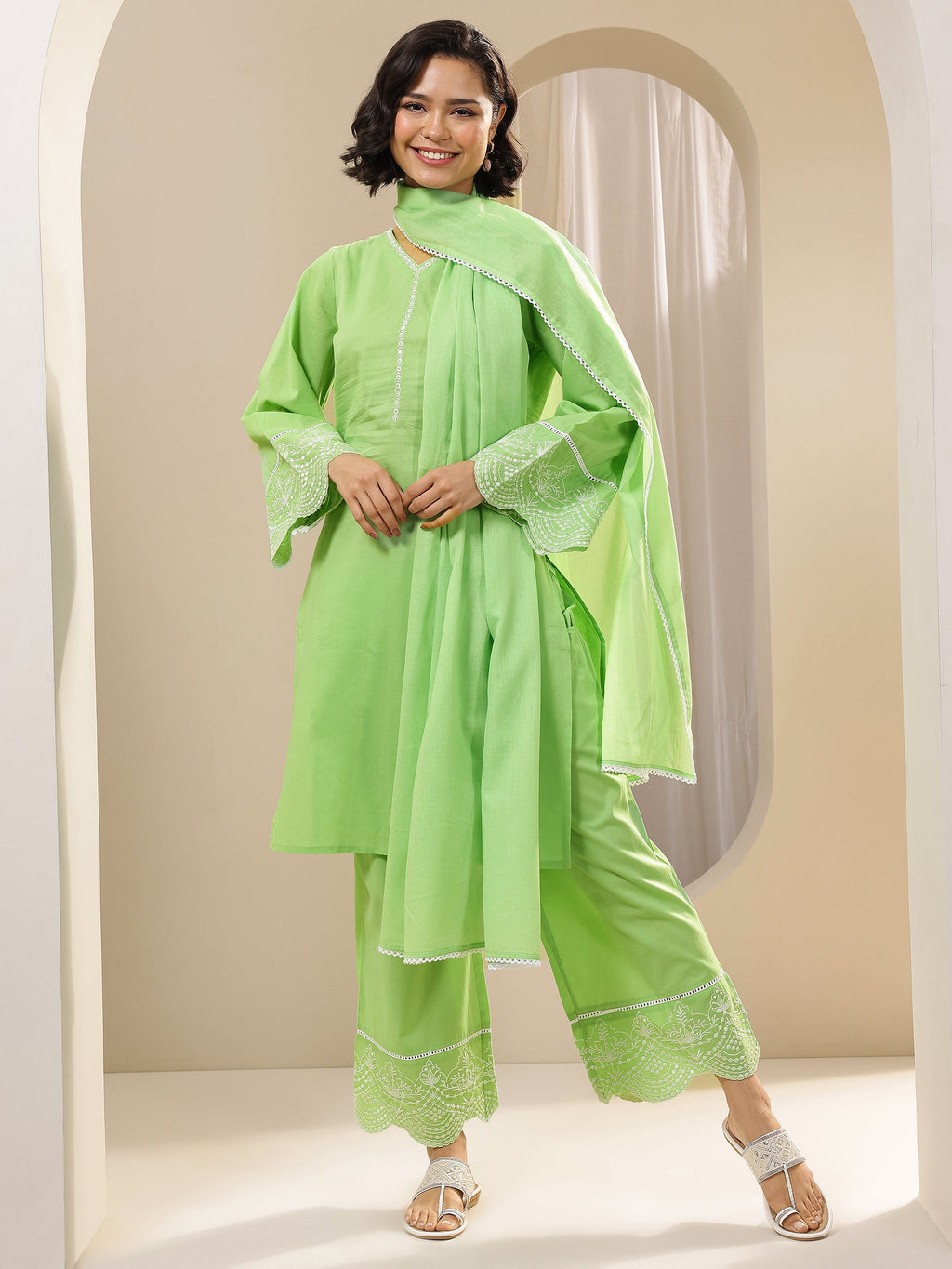 Libas Green Solid Cotton Straight Suit Sets With Dupatta