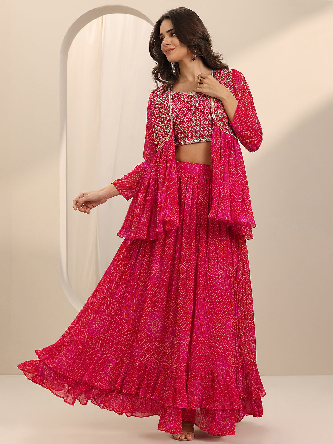 Libas Red Printed Silk Blend Co-Ord Sets