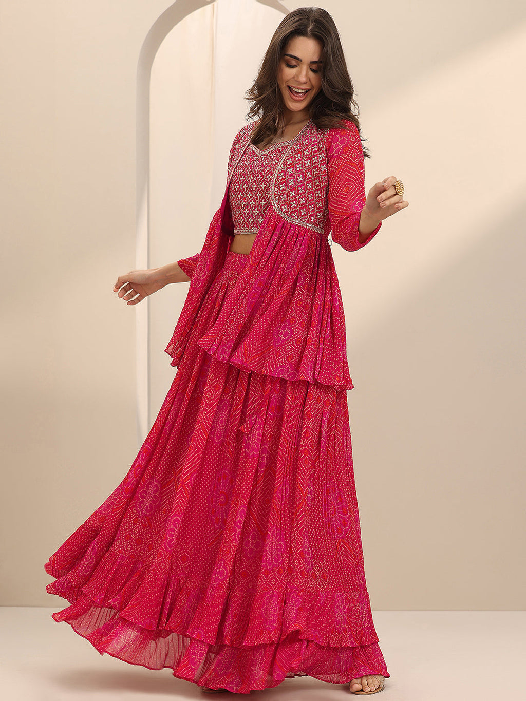Libas Red Printed Silk Blend Co-Ord Sets