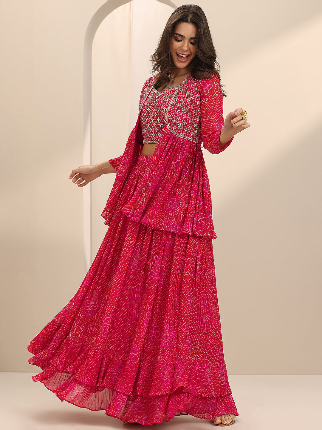 Libas Red Printed Silk Blend Co-Ord Sets