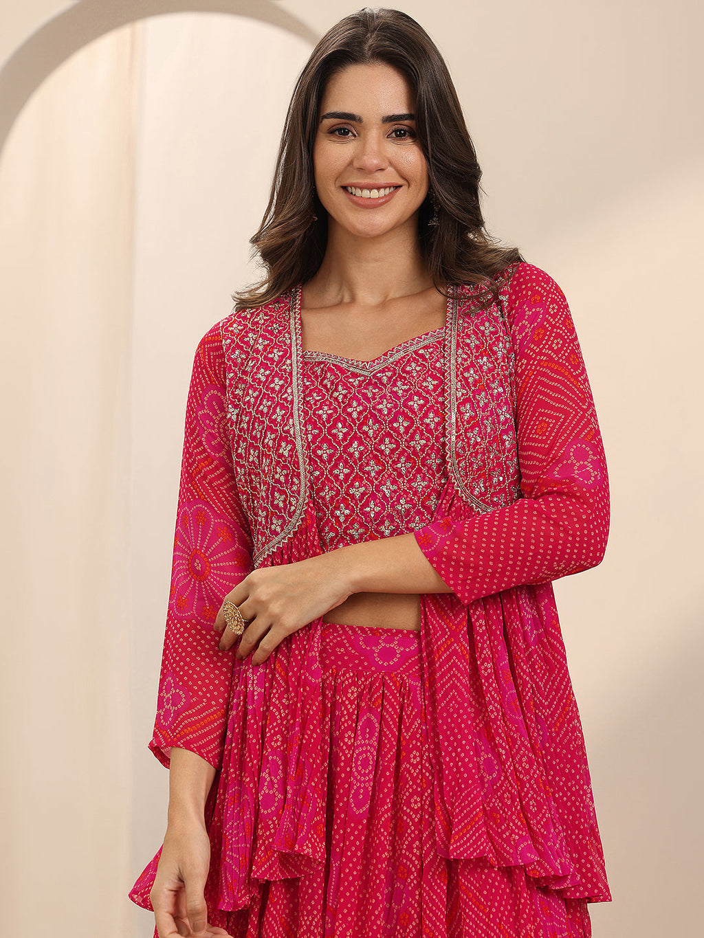 Libas Red Printed Silk Blend Co-Ord Sets