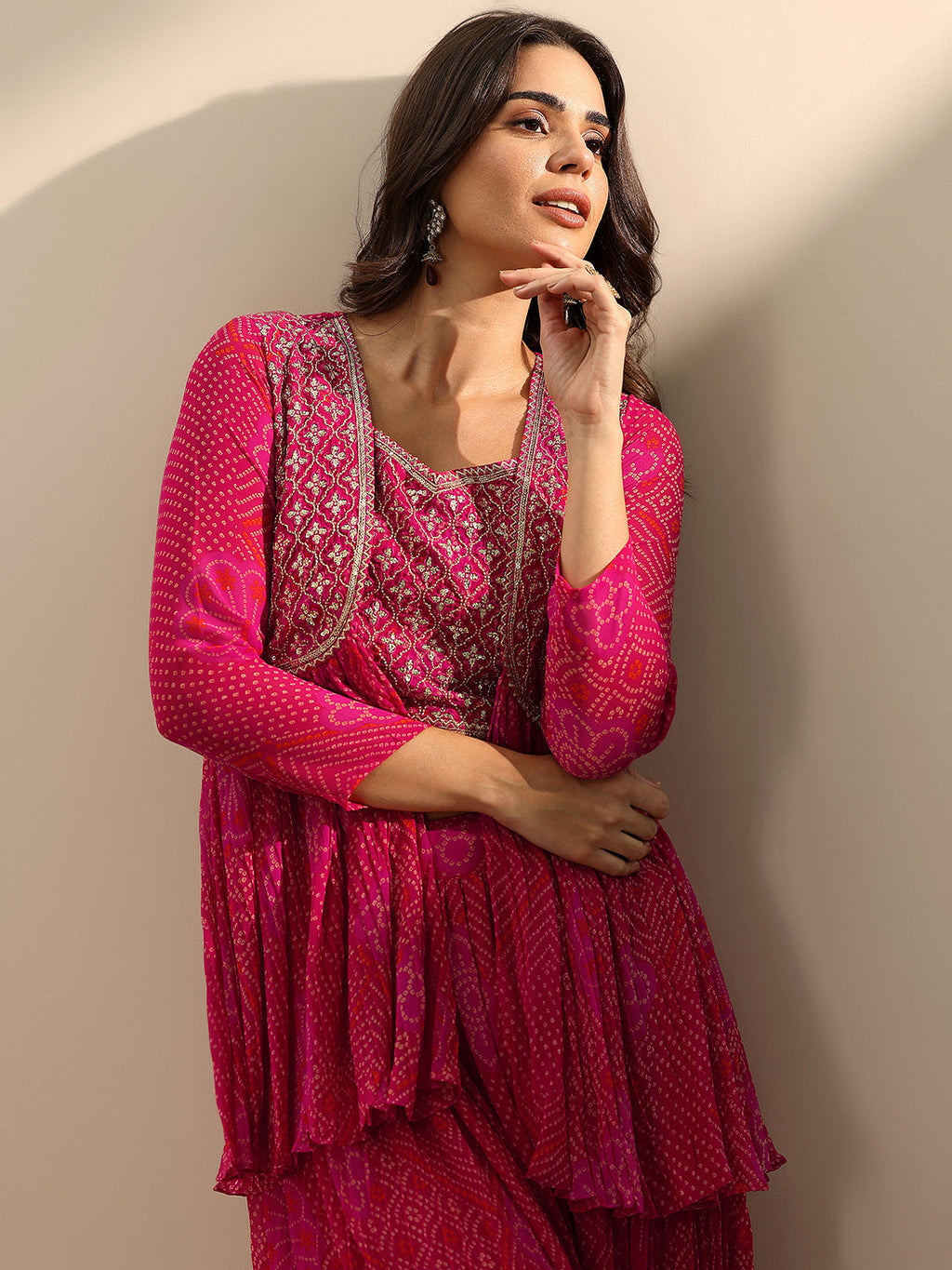 Libas Red Printed Silk Blend Co-Ord Sets