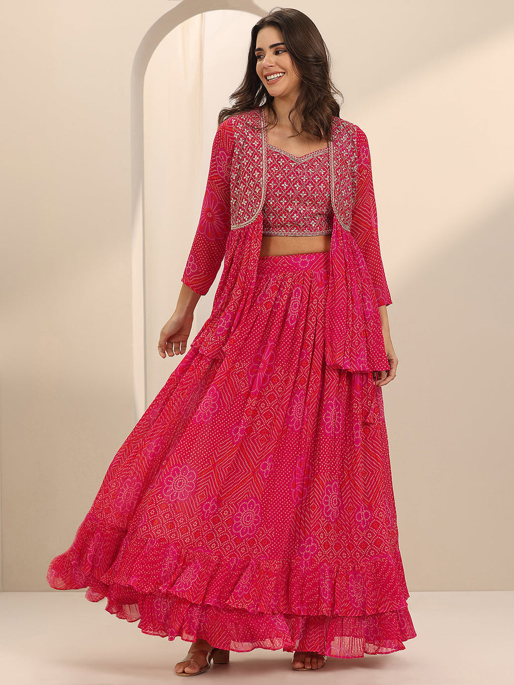 Libas Red Printed Silk Blend Co-Ord Sets