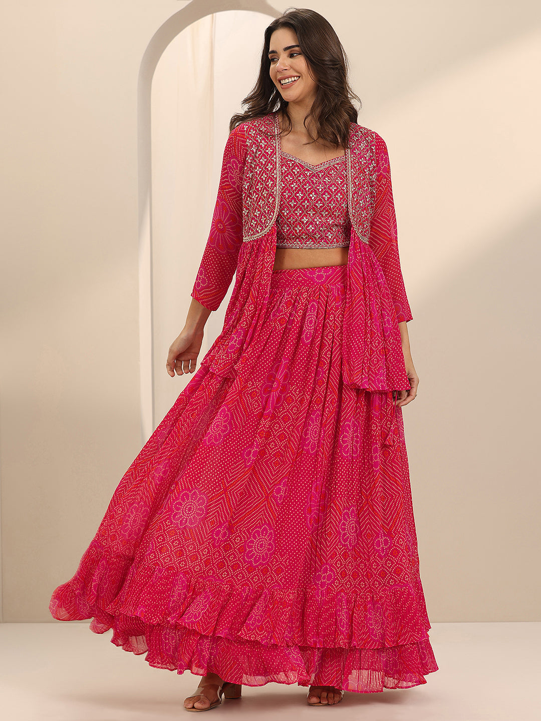 Libas Red Printed Silk Blend Co-Ord Sets
