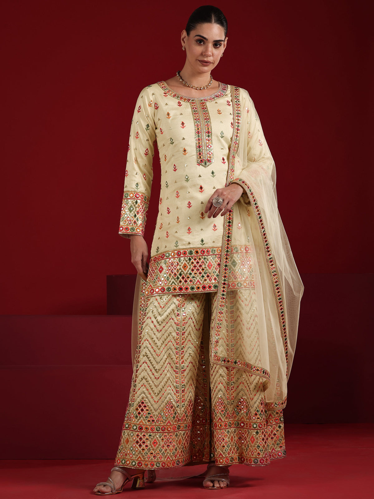 Libas Cream Embroidered Silk Blend Straight Suit Set With Dupatta