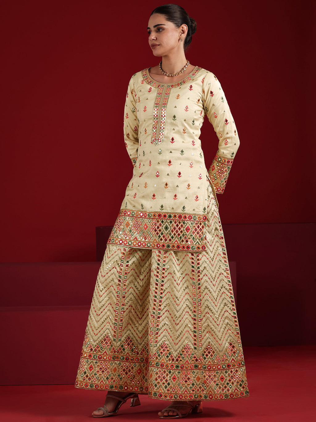 Libas Cream Embroidered Silk Blend Straight Suit Set With Dupatta