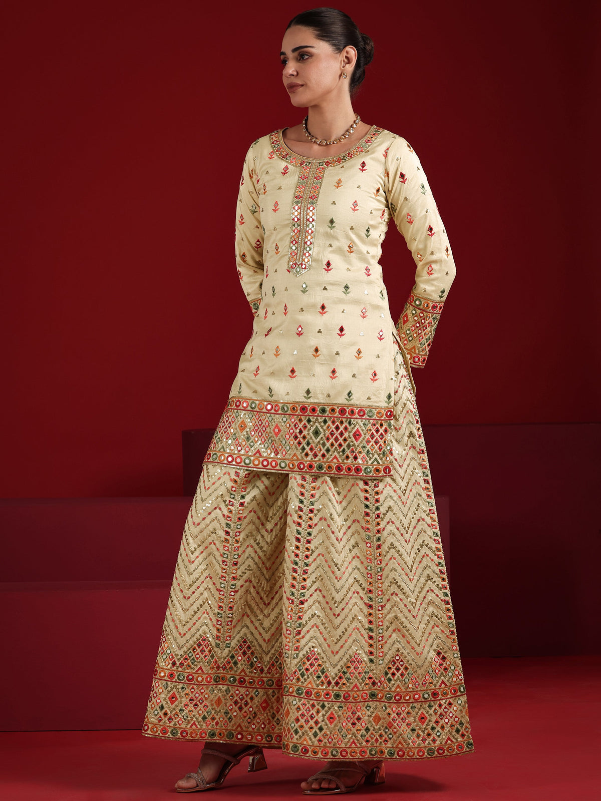 Libas Cream Embroidered Silk Blend Straight Suit Set With Dupatta