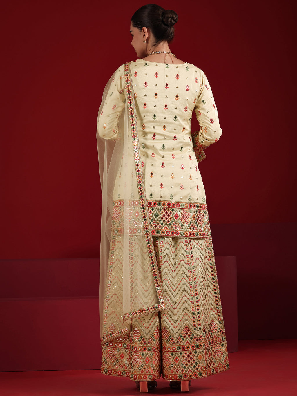Libas Cream Embroidered Silk Blend Straight Suit Set With Dupatta