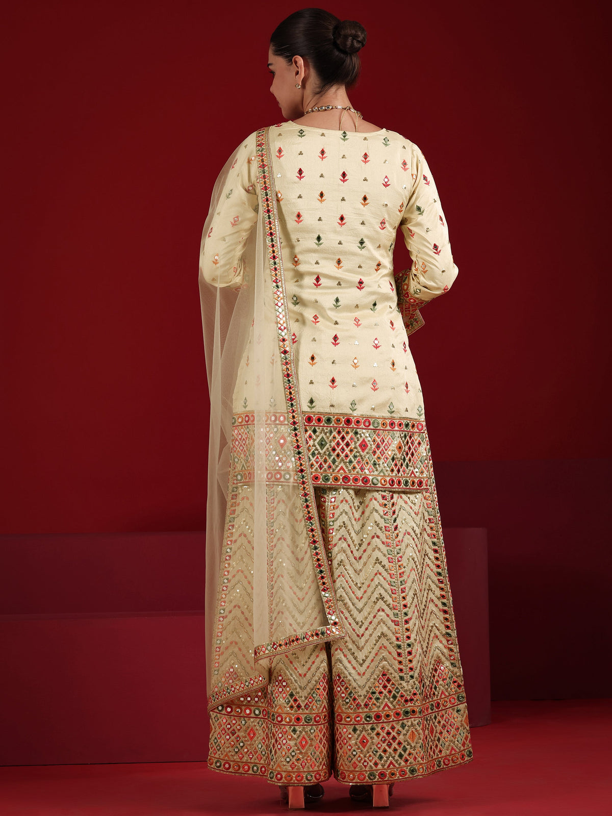 Libas Cream Embroidered Silk Blend Straight Suit Set With Dupatta