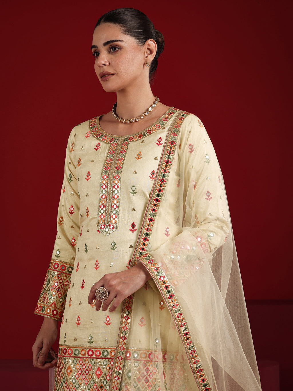 Libas Cream Embroidered Silk Blend Straight Suit Set With Dupatta