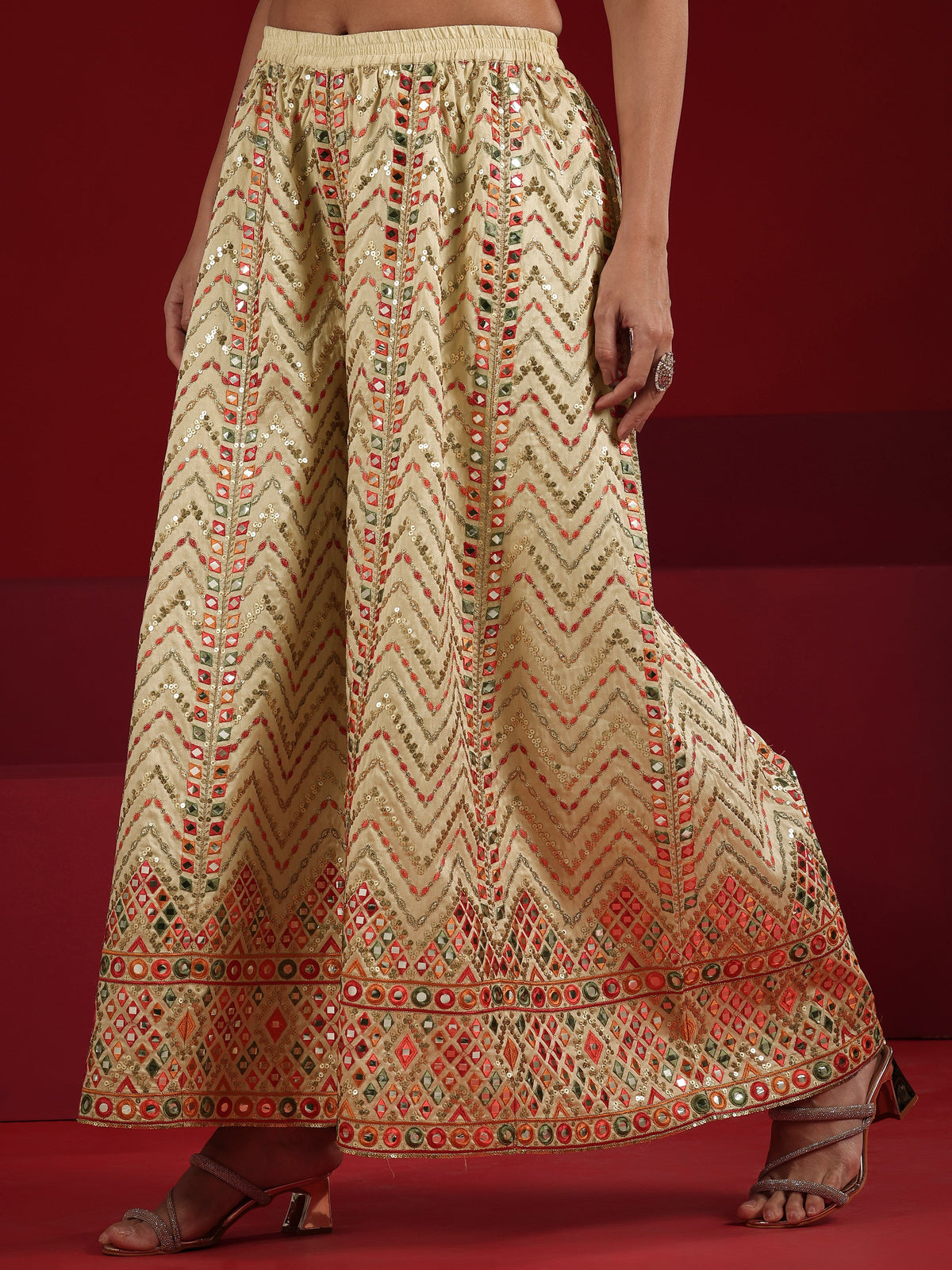 Libas Cream Embroidered Silk Blend Straight Suit Set With Dupatta
