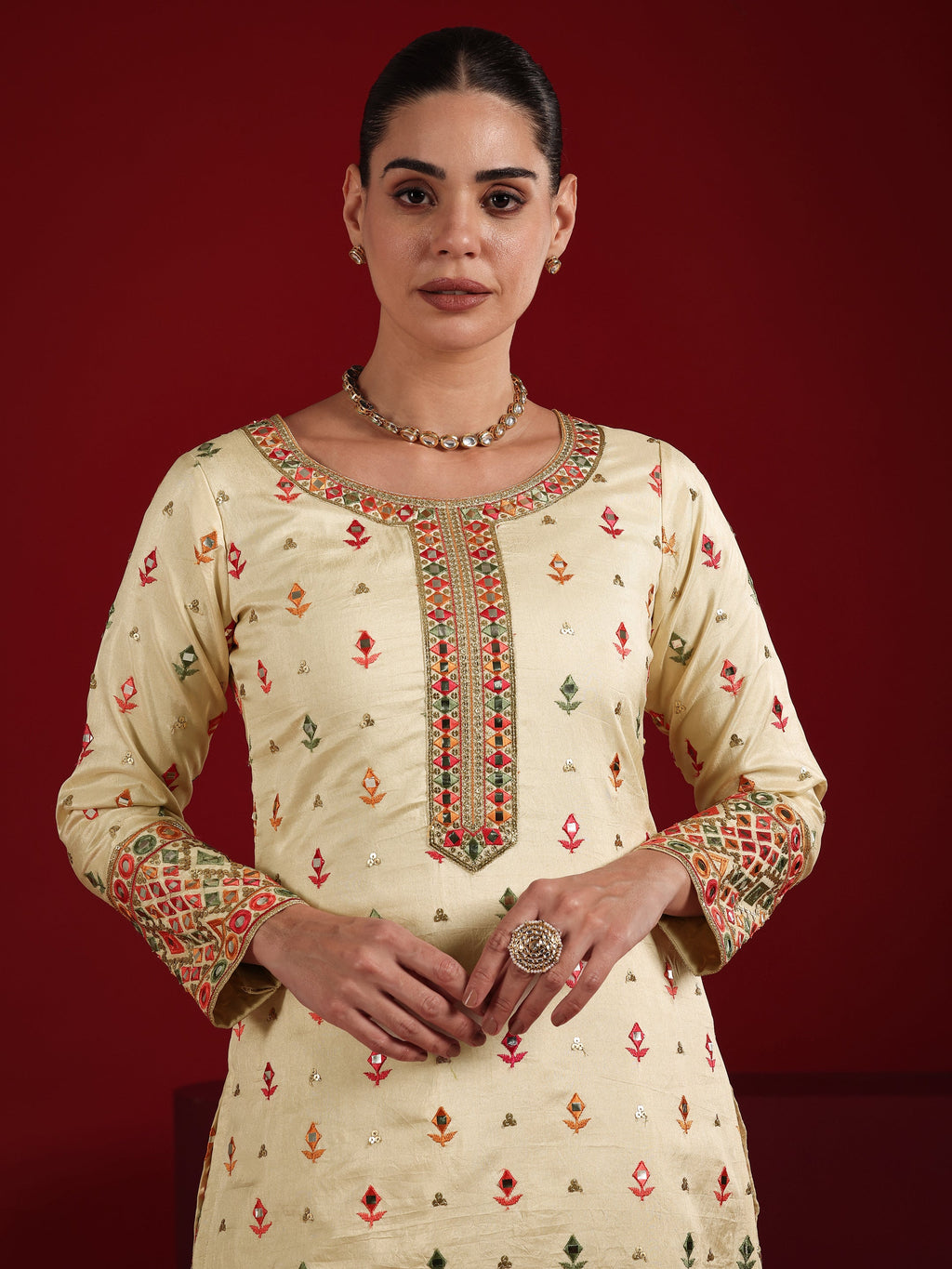 Libas Cream Embroidered Silk Blend Straight Suit Set With Dupatta