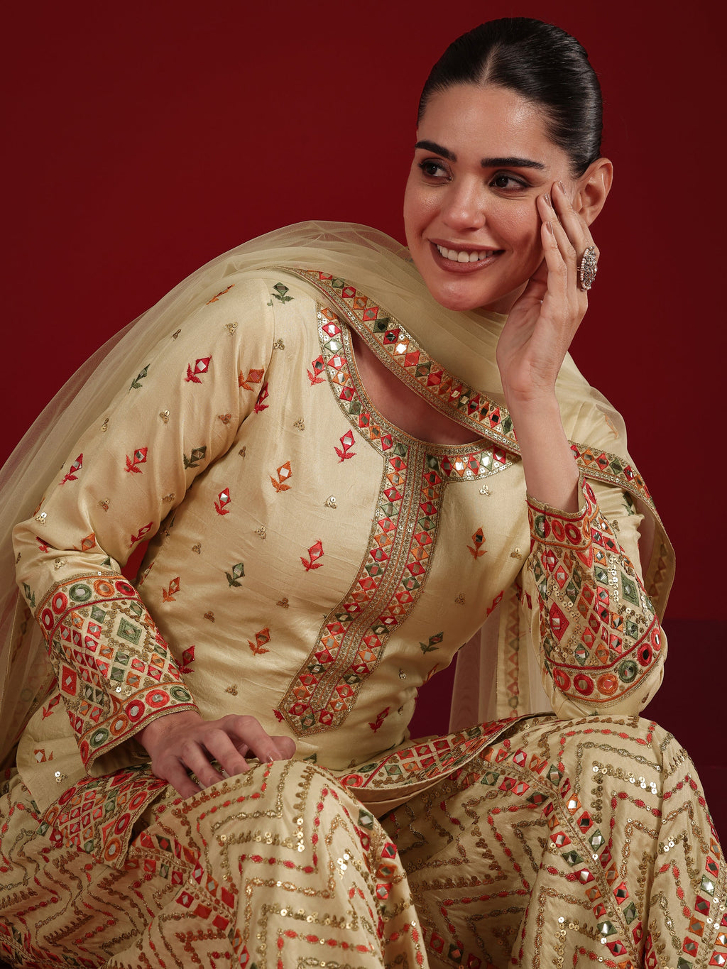 Libas Cream Embroidered Silk Blend Straight Suit Set With Dupatta