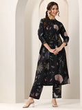 Libas Black Printed Silk Blend Straight Kurta Set