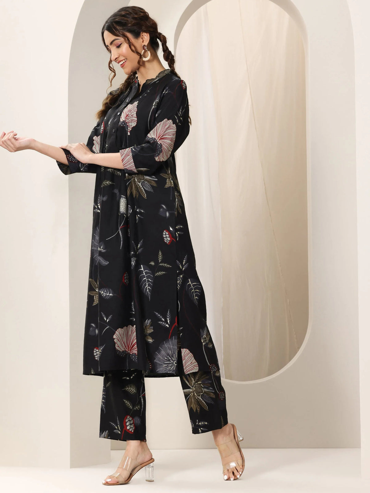 Libas Black Printed Silk Blend Straight Kurta Set