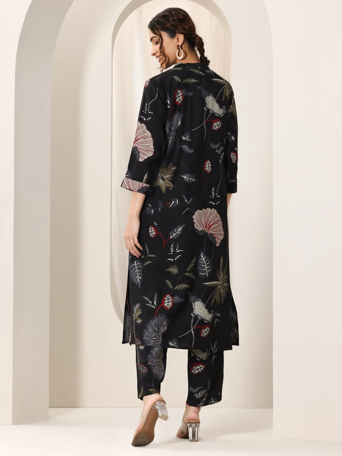 Libas Black Printed Silk Blend Straight Kurta Set