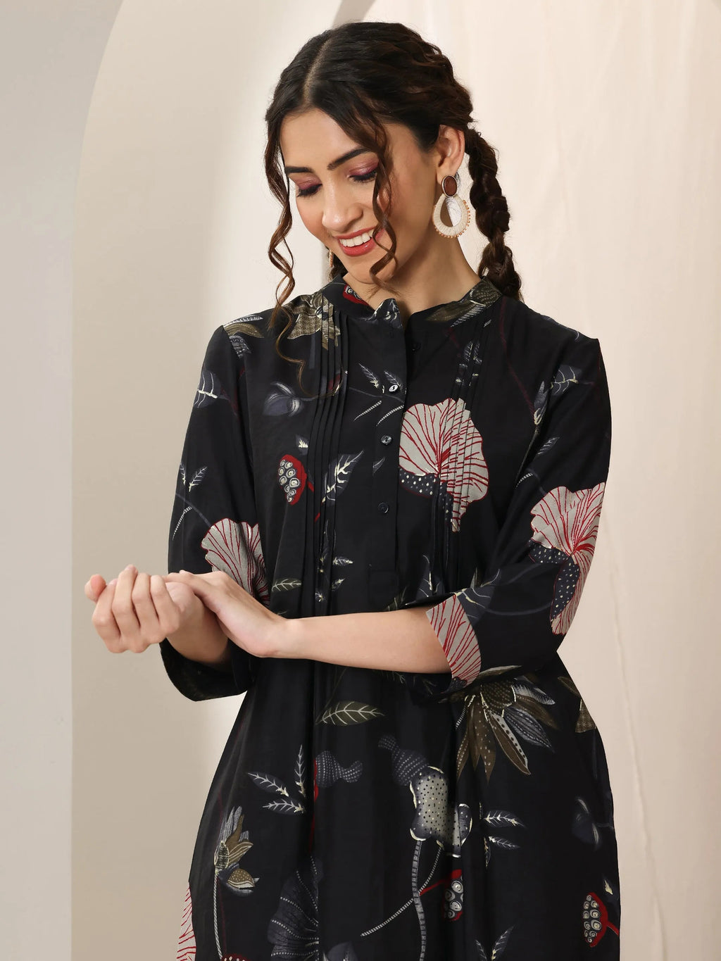 Libas Black Printed Silk Blend Straight Kurta Set