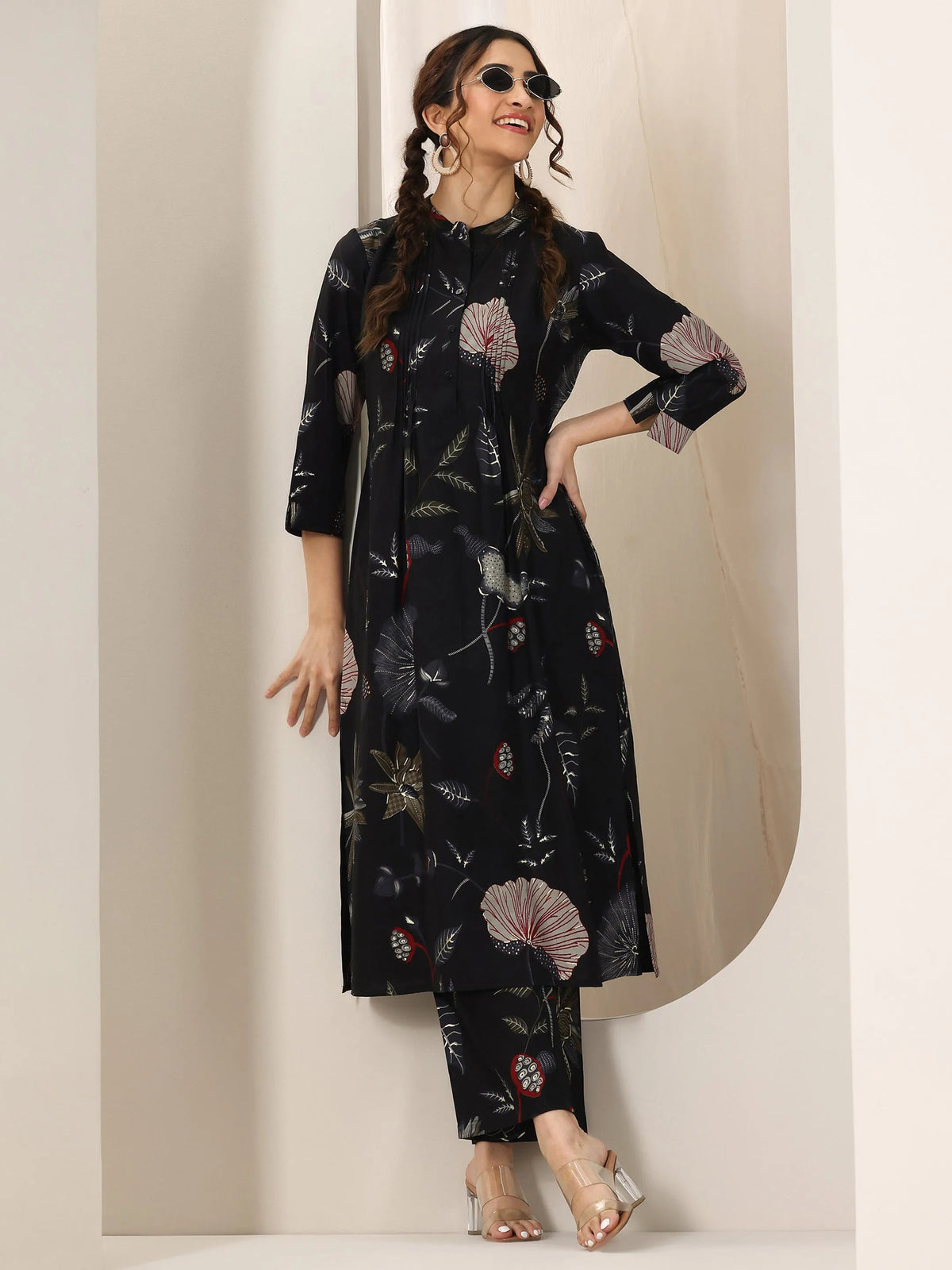 Libas Black Printed Silk Blend Straight Kurta Set