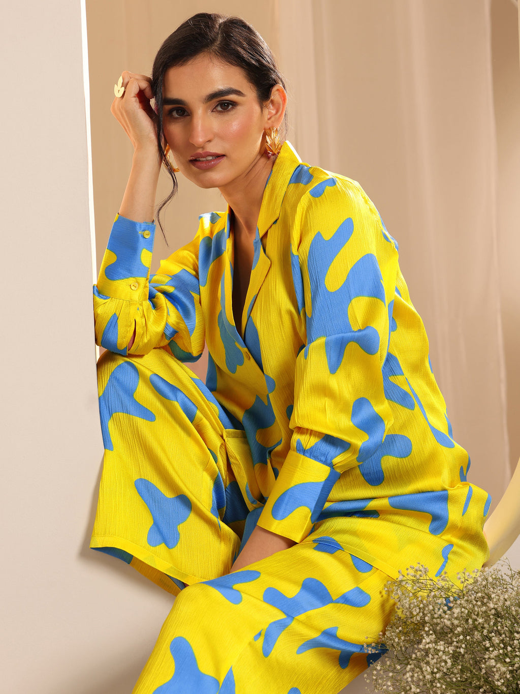 Libas Yellow Printed Silk Blend Co-Ord Sets