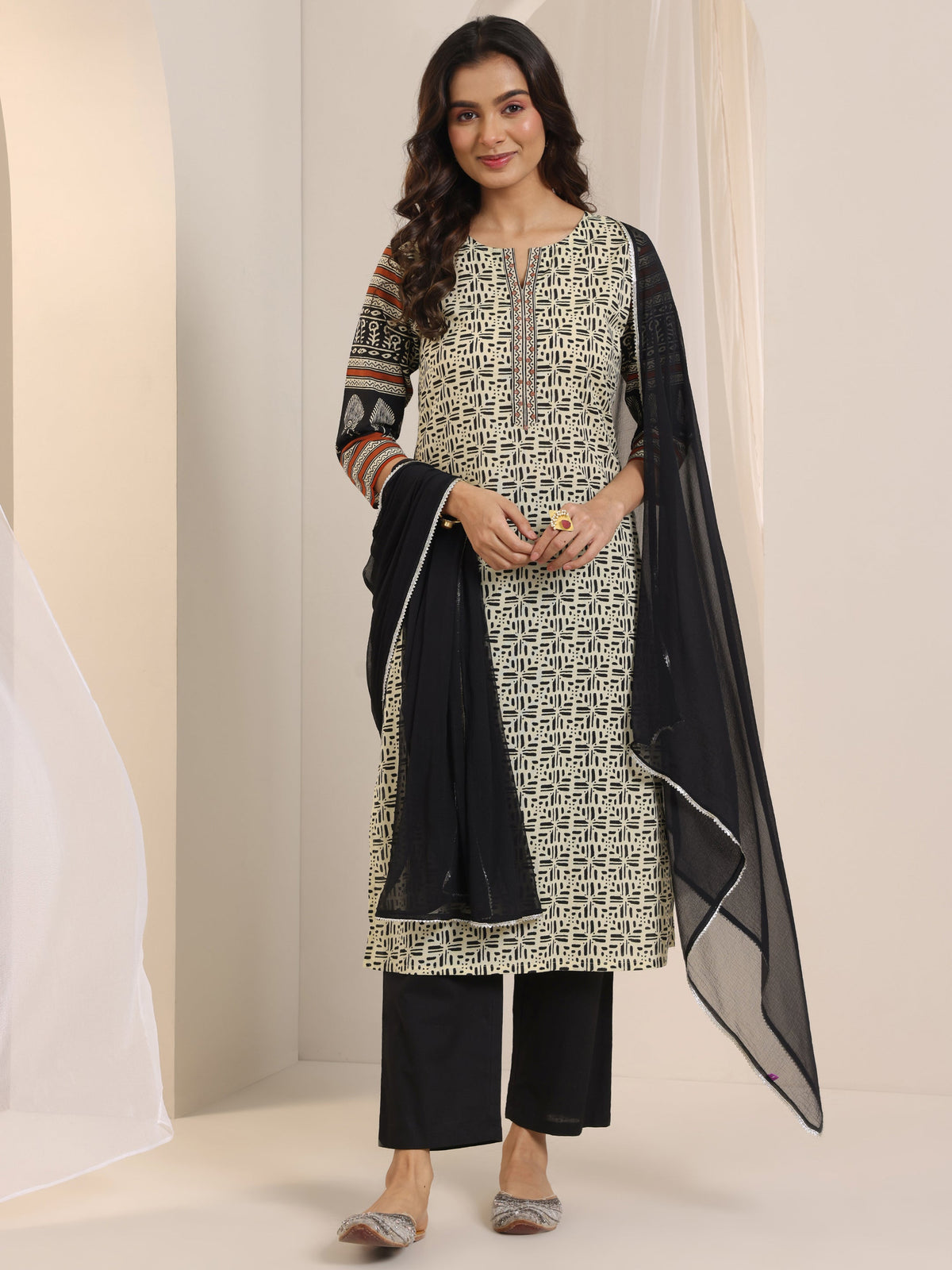 Libas Beige Printed Cotton Straight Suit Set With Dupatta