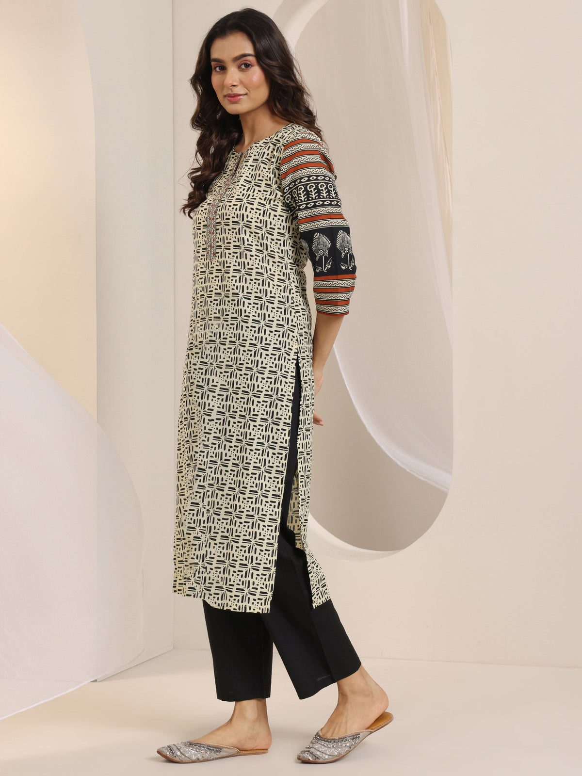 Libas Beige Printed Cotton Straight Suit Set With Dupatta