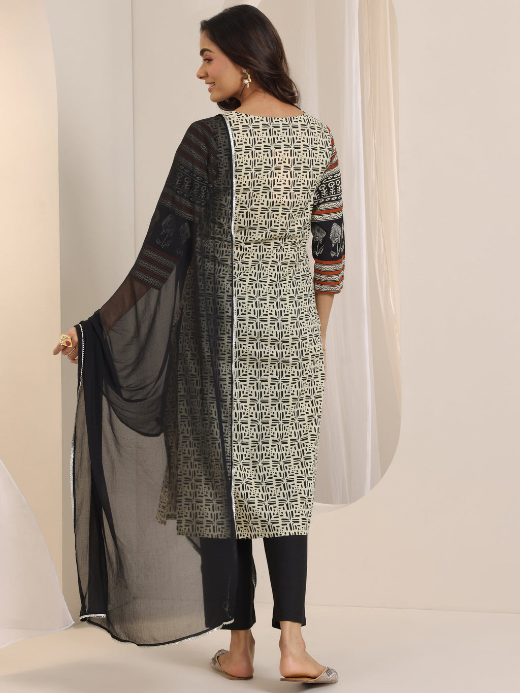 Libas Beige Printed Cotton Straight Suit Set With Dupatta