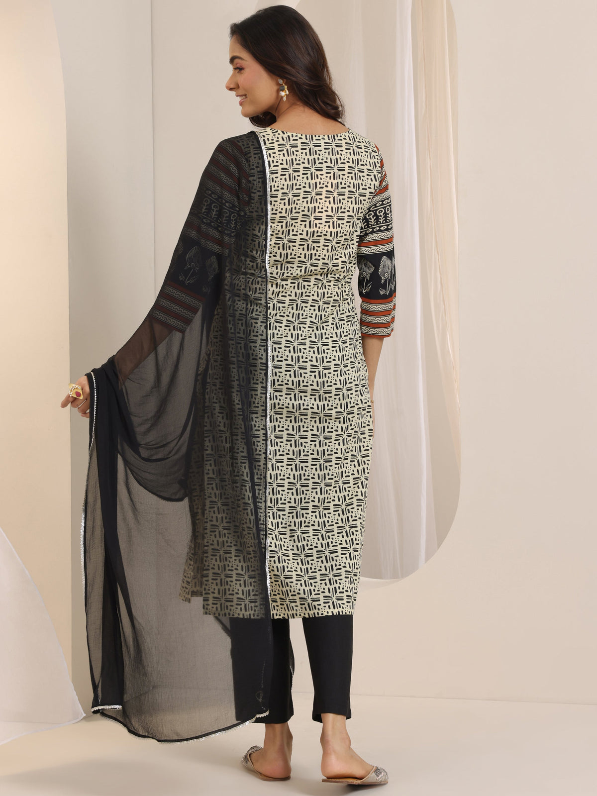 Libas Beige Printed Cotton Straight Suit Set With Dupatta