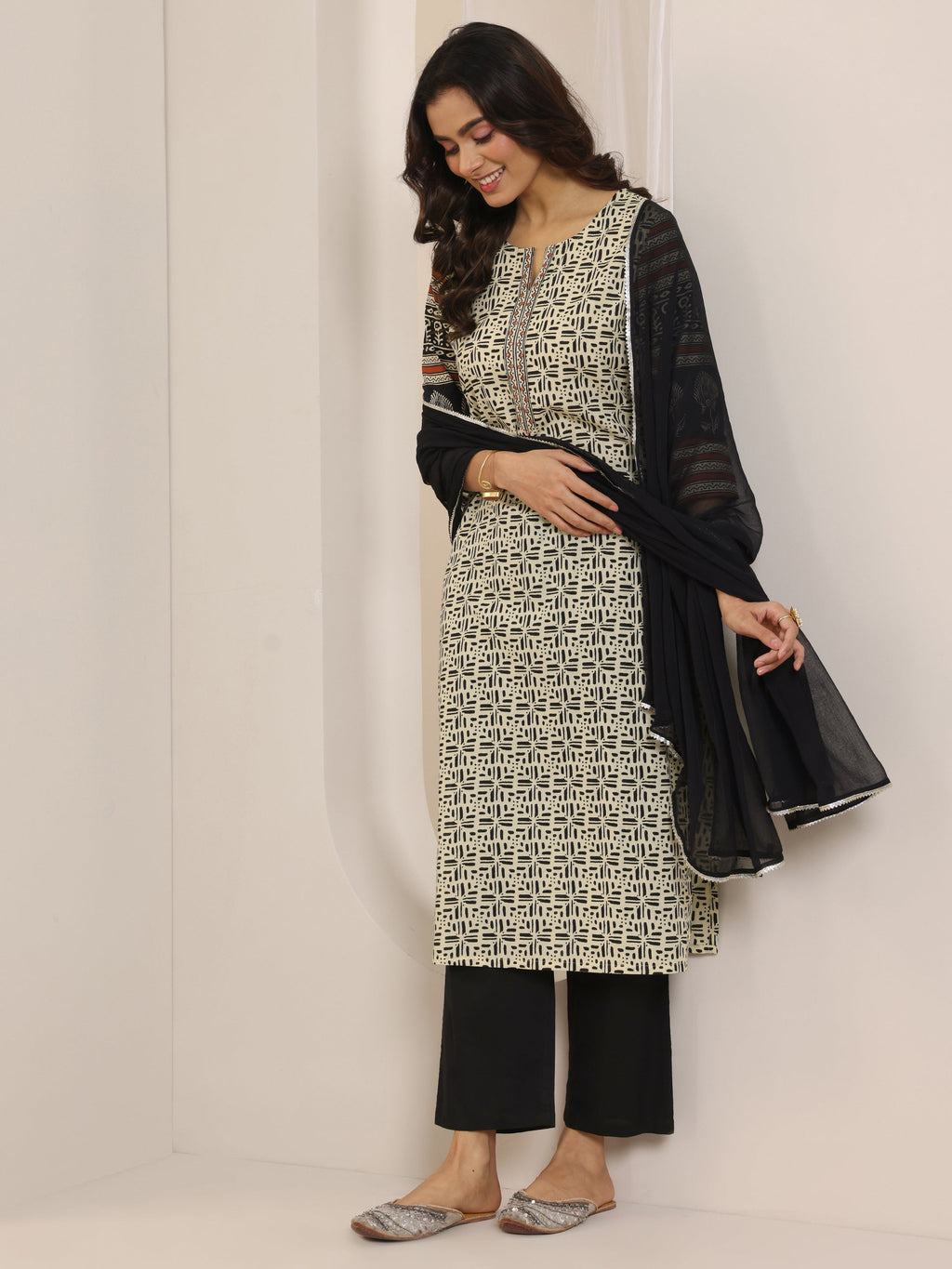 Libas Beige Printed Cotton Straight Suit Set With Dupatta