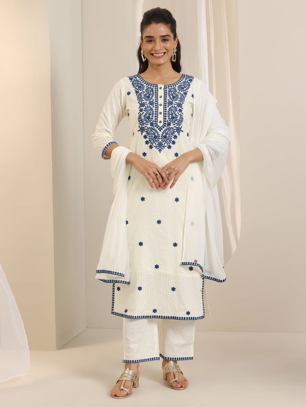 Libas Off White Embroidered Cotton Straight Suit Set With Dupatta